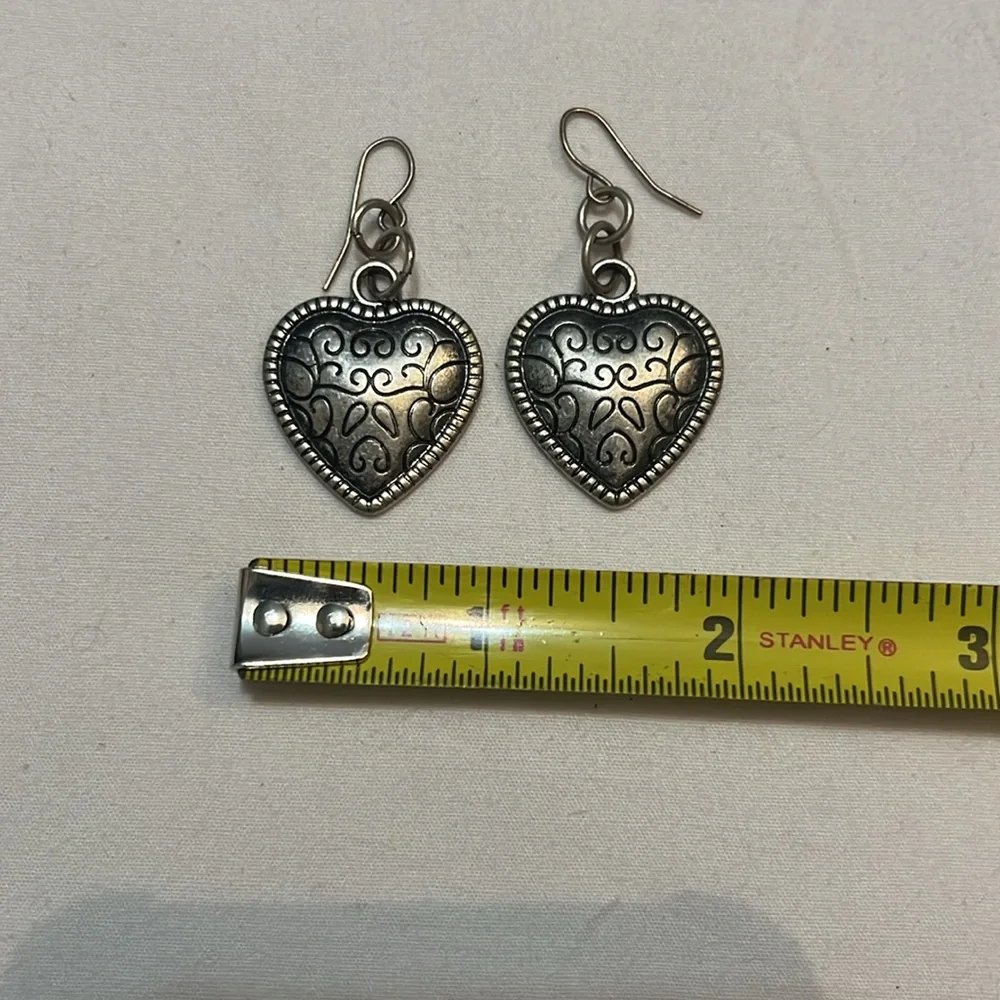 Vintage Silvertone Heart Scrolled Dangle Drop Pierced Earrings